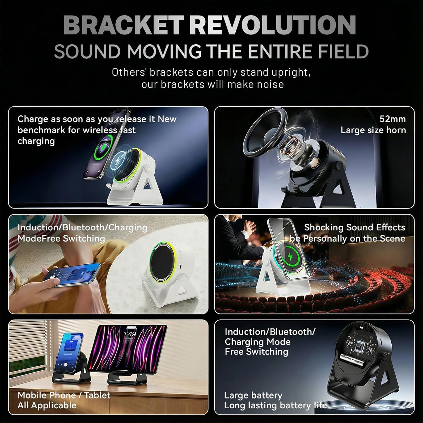 5-in-1 Bluetooth Speaker with Wireless Induction & Phone Holder, 5000mAh Battery, RGB Ambient Light