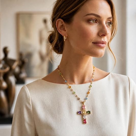 Rainbow Cross Pendant Necklace for Women Cubic Zirconia Faith Jewelry