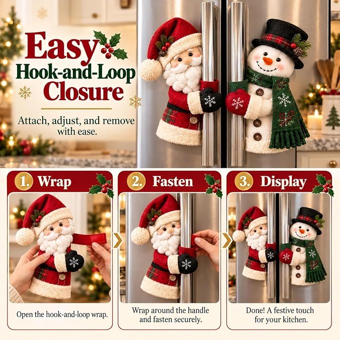 2 PCS Christmas Handle Covers, Plush Santa & Snowman Handle Huggers for Refrigerator, Oven, Cabinet & Door Handles
