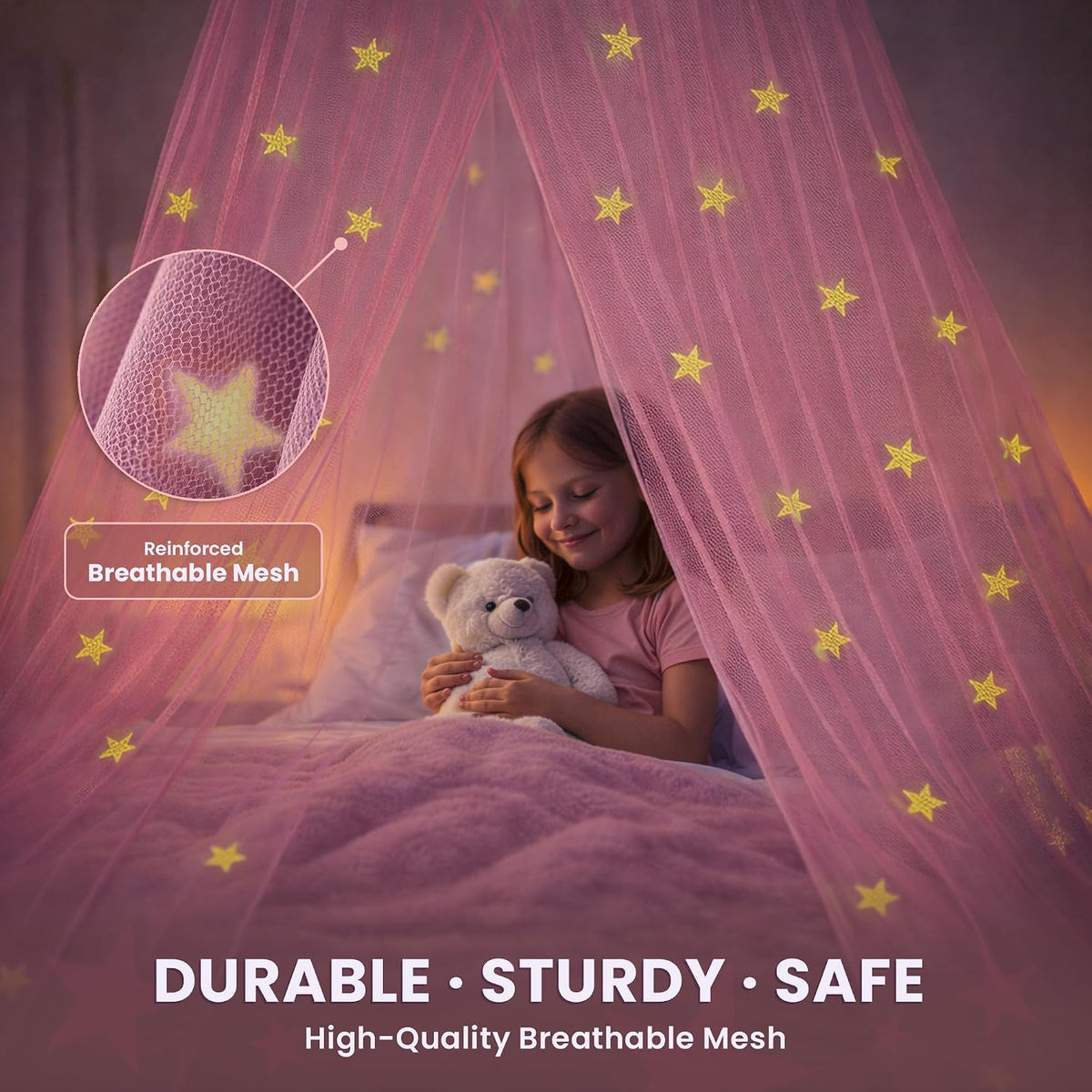 Pink Princess Bed Canopy for Girls with Glowing Stars