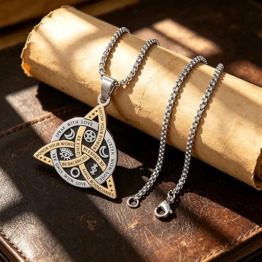 Witch Knot Necklace, Celtic Trinity Knot Triple Goddess Triquetra Pendant with Engraved Inspirational Quotes