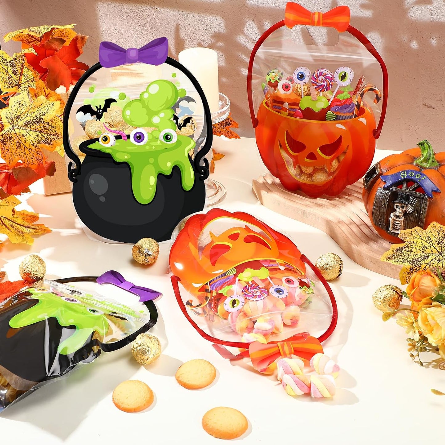 20Pcs Halloween Bags Plastic Pumpkin Clear Sealed Pouches with Handles Resealable Scary
