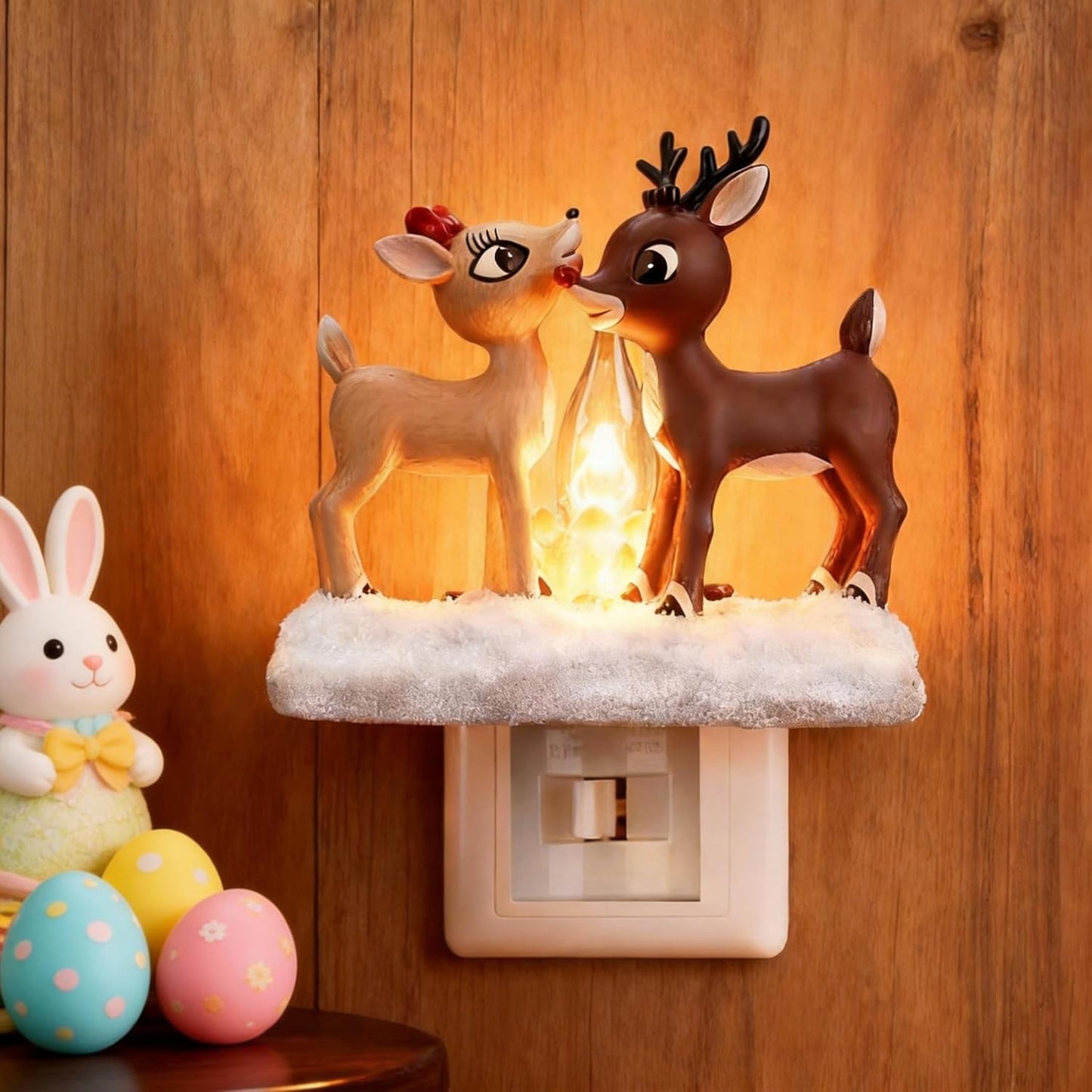 Reindeer Night Light with Flickering Flame – LED Faux Campfire Lamp for Christmas