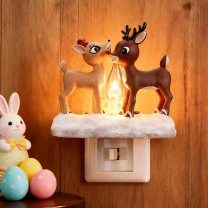 Reindeer Night Light with Flickering Flame – LED Faux Campfire Lamp for Christmas