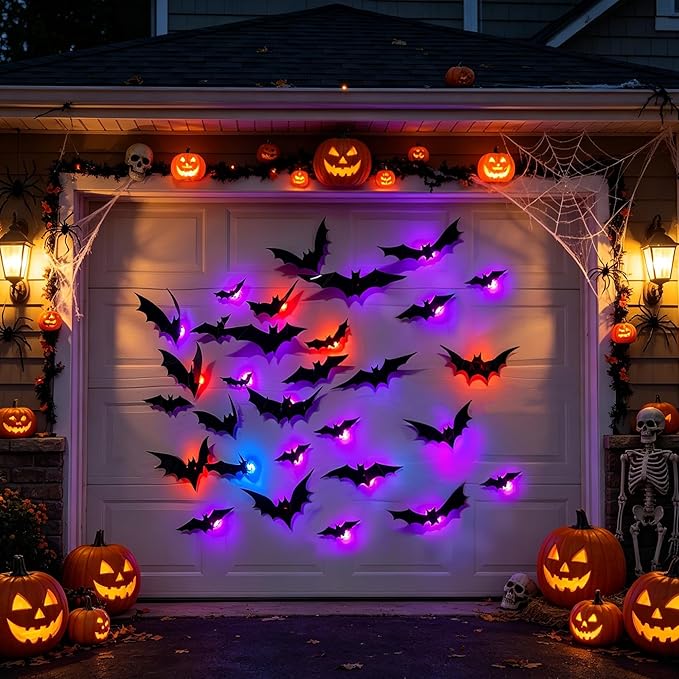 12Pcs Halloween Bats Wall Decor, Removable Lighted 3D Bats Wall Stickers Assorted Size