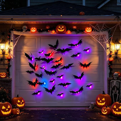 12Pcs Halloween Bats Wall Decor, Removable Lighted 3D Bats Wall Stickers Assorted Size