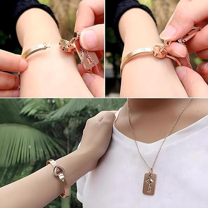 Locking Bracelet With Key For Couple, Love Heart Lock Bangles Key Pendant, Lock Bracelets And Key Necklace Set