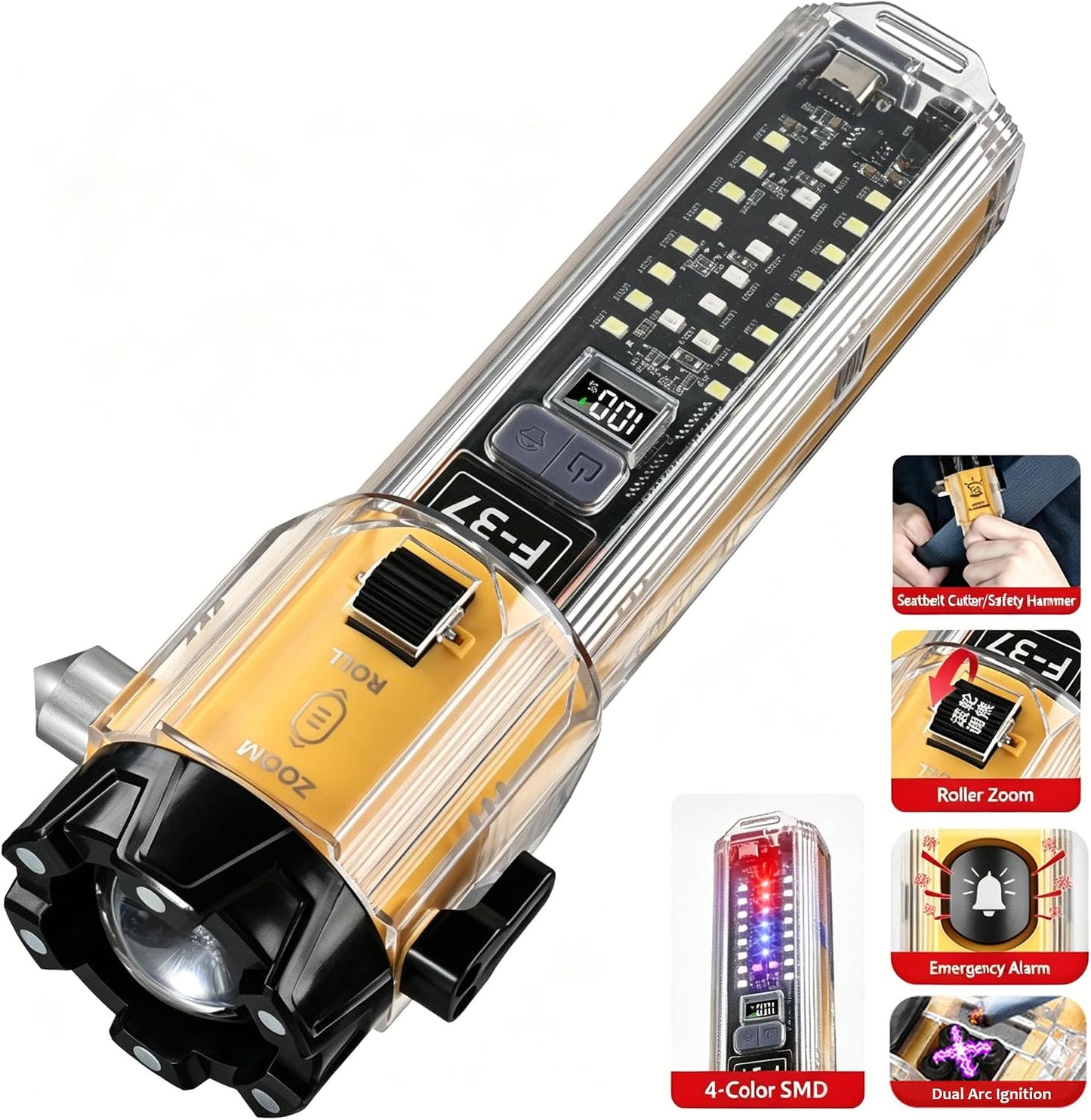 6-in-1 Emergency Flashlight for Car, Seatbelt Cutter Window Breaker, 3000 LM Flashlight Multifunctional Safety Tool