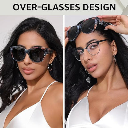 2PCS Women's Fit-Over Prescription Sunglasses - Oversized Square Full-Rim Polarized Frames