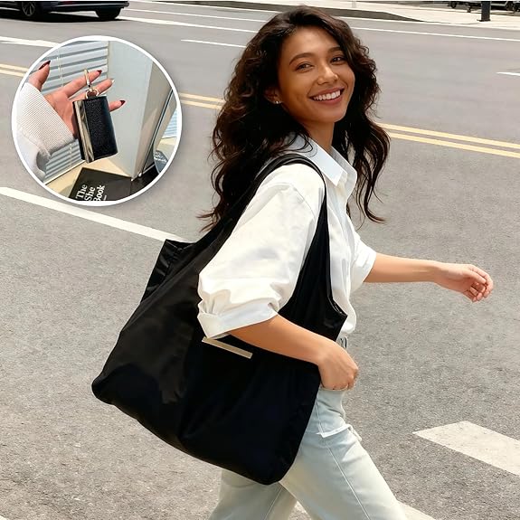 Foldable Keychain Tote Bag, Expandable Leather Mini Bag with Key Ring