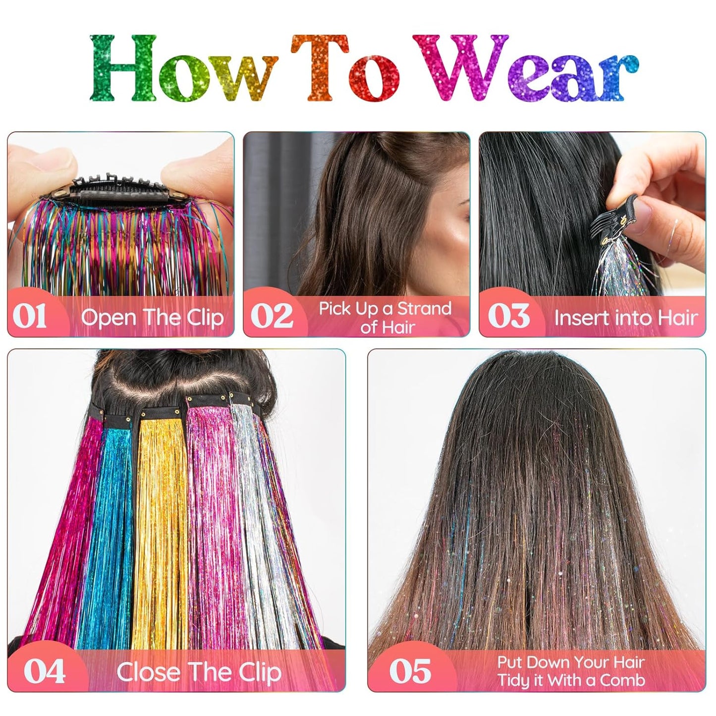 12Pcs Clip In Tinsel Hair Extensions 19.7 Inch Sparking Hairpieces