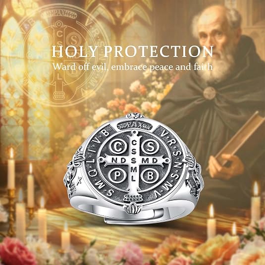 St Benedict Exorcism Ring Stainless Steel Catholic Roman Cross Demon Protection Ghost Hunter