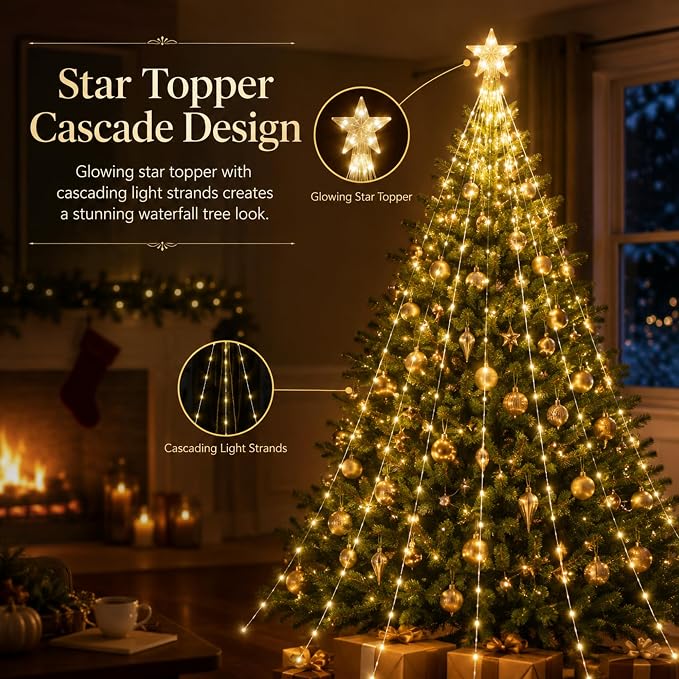 Christmas Tree Lights with Star Topper, 400LED Christmas String Lights with Ring for Tree, 6.6FT x 12Lines Fairy Lights with 8 Modes Timer Remote