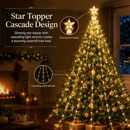 Christmas Tree Lights with Star Topper, 400LED Christmas String Lights with Ring for Tree, 6.6FT x 12Lines Fairy Lights with 8 Modes Timer Remote