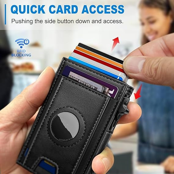Men's Slim RFID Leather Wallet with AirTag Holder - Pop Up Credit Card Holder RFID Blocking