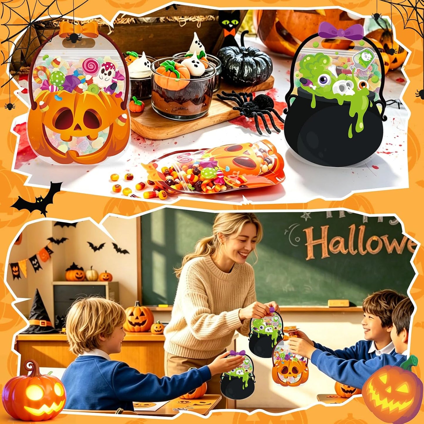 20Pcs Halloween Bags Plastic Pumpkin Clear Sealed Pouches with Handles Resealable Scary
