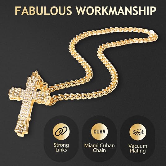 Lucky Wealth-Attracting Cross Necklace Rhinestones Cuban Link Chain Necklace with CZ Cross Pendant