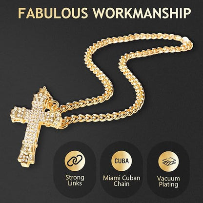 Lucky Wealth-Attracting Cross Necklace Rhinestones Cuban Link Chain Necklace with CZ Cross Pendant