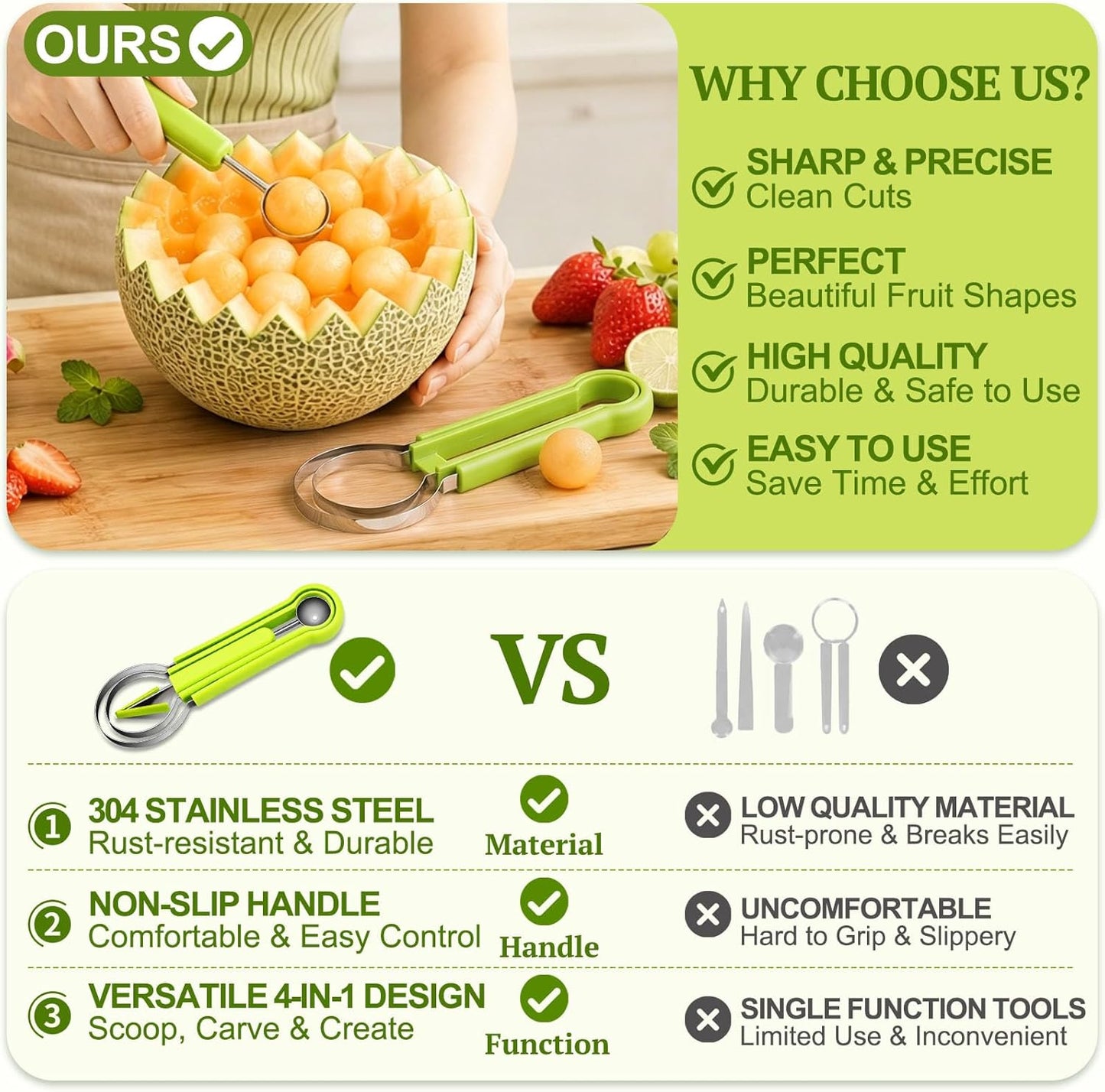 4 in 1 Melon Baller Scoop Set, Stainless Steel, Fruit Cutters Shapes