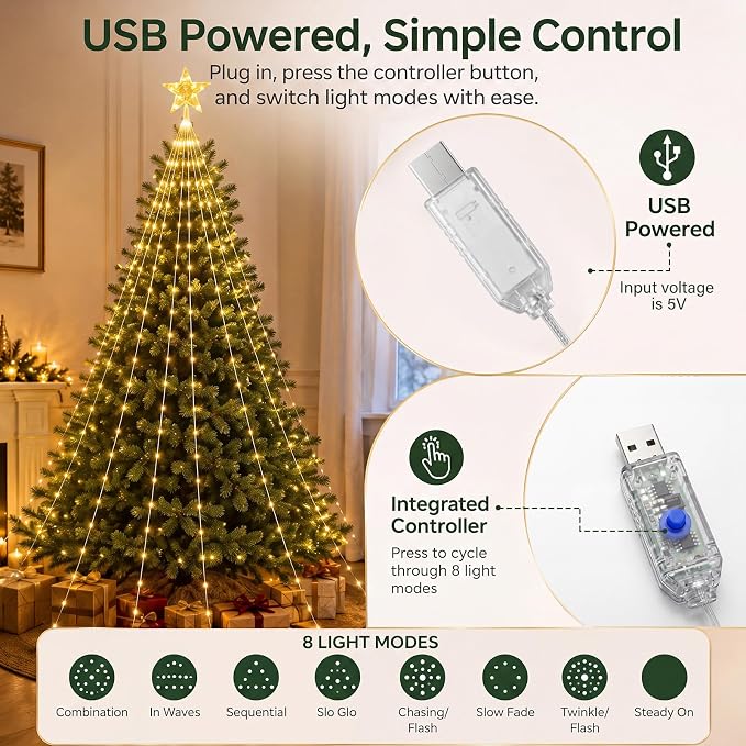 Christmas Tree Lights with Star Topper, 400LED Christmas String Lights with Ring for Tree, 6.6FT x 12Lines Fairy Lights with 8 Modes Timer Remote