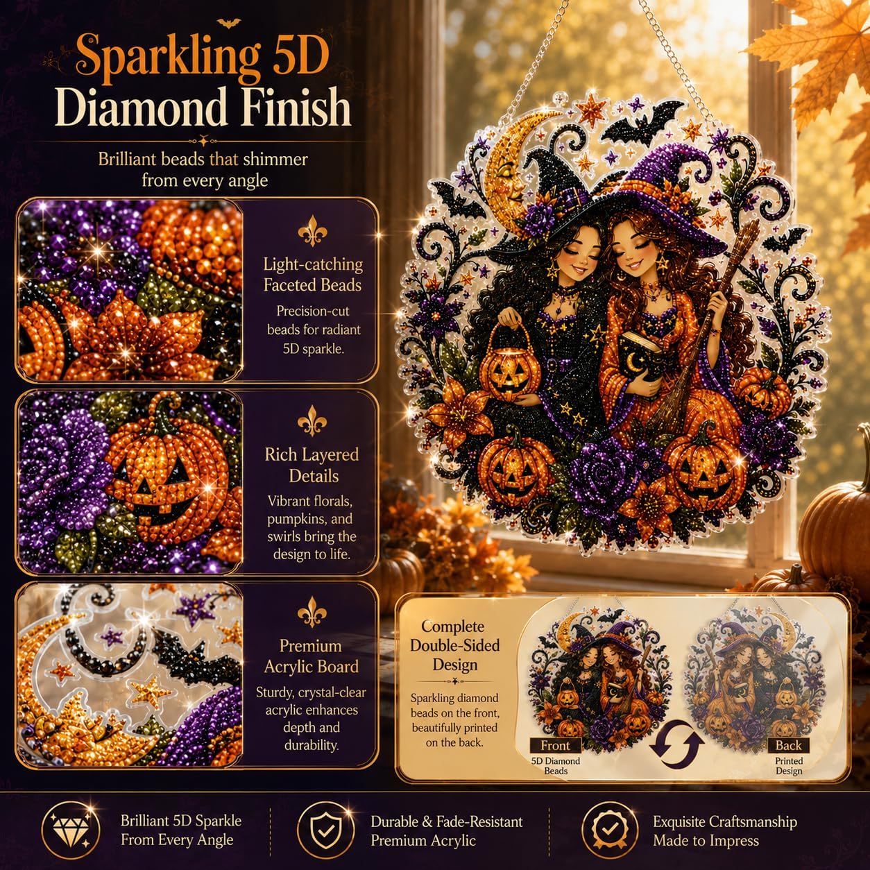 Halloween Witch Friendship Diamond Art Window Suncatcher - Halloween Pearl Art Kit