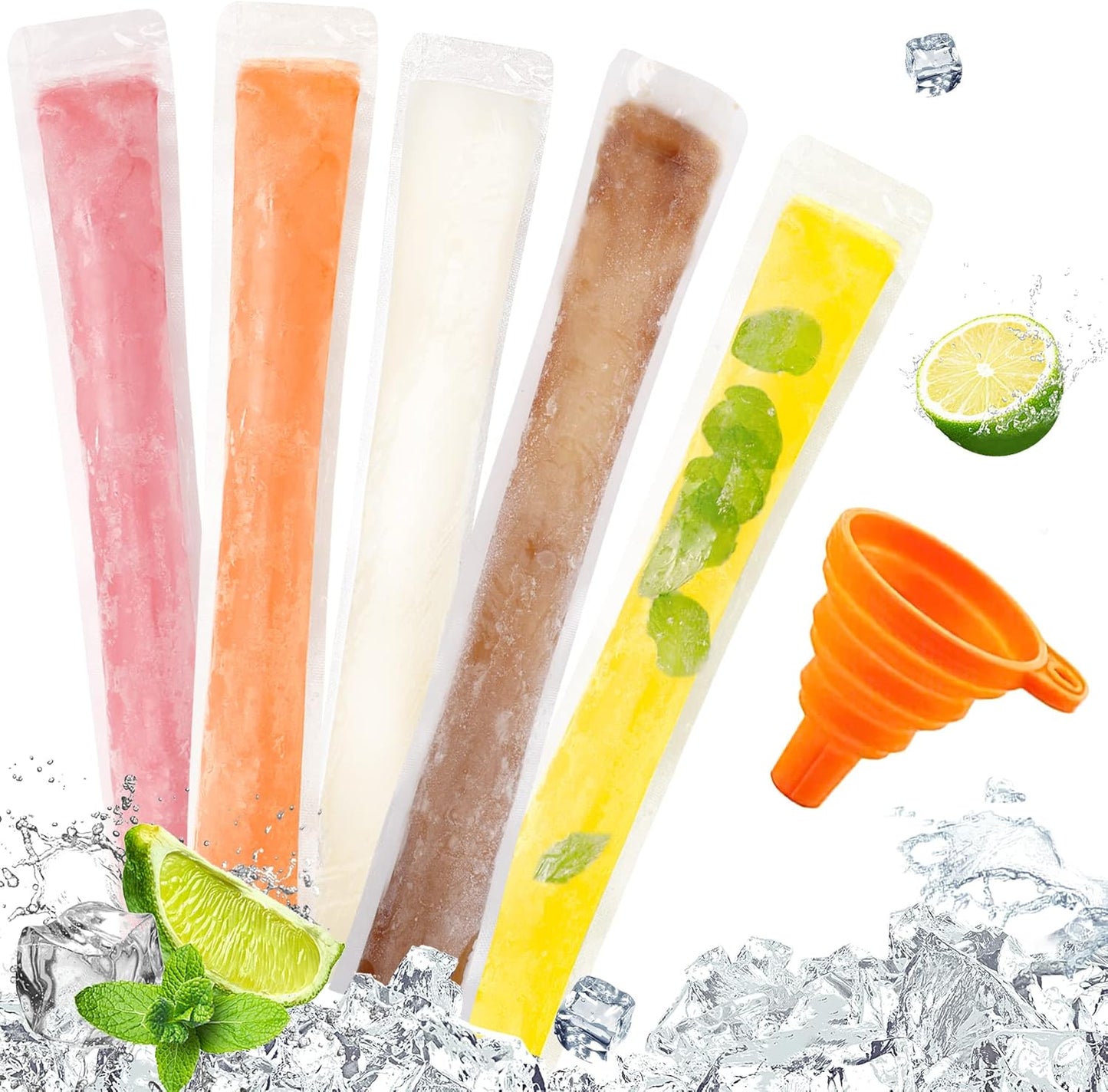 50PCS Disposable Ice Pop Bags with Funnel – DIY Freeze Pop Sleeves for Homemade Juice, Smoothie, Yogurt