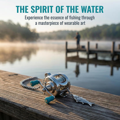 Fishing Reel Necklace, Necklace with Rotating Handle & Moving Line Guide, Interactive Angler Jewelry