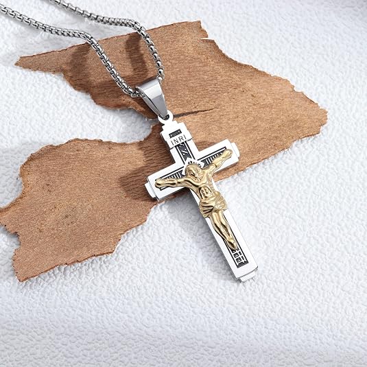 Catholic Jesus Christ on INRI Cross Crucifix Silver Tone Pendant Necklace 22+2 Chain