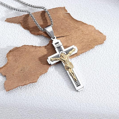 Catholic Jesus Christ on INRI Cross Crucifix Silver Tone Pendant Necklace 22+2 Chain