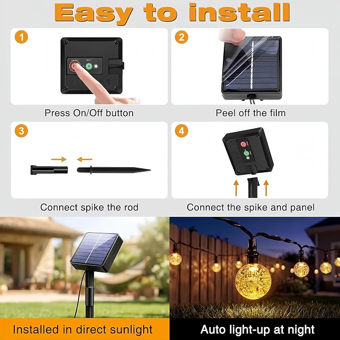 Solar String Lights Outdoor, 16.4ft 20 LED Warm White Globe String Lights with 8 Modes