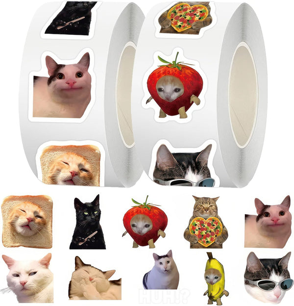 1000PCS Cat Meme Sticker Roll Waterproof | Cute Cat Meme Vinyl Decals