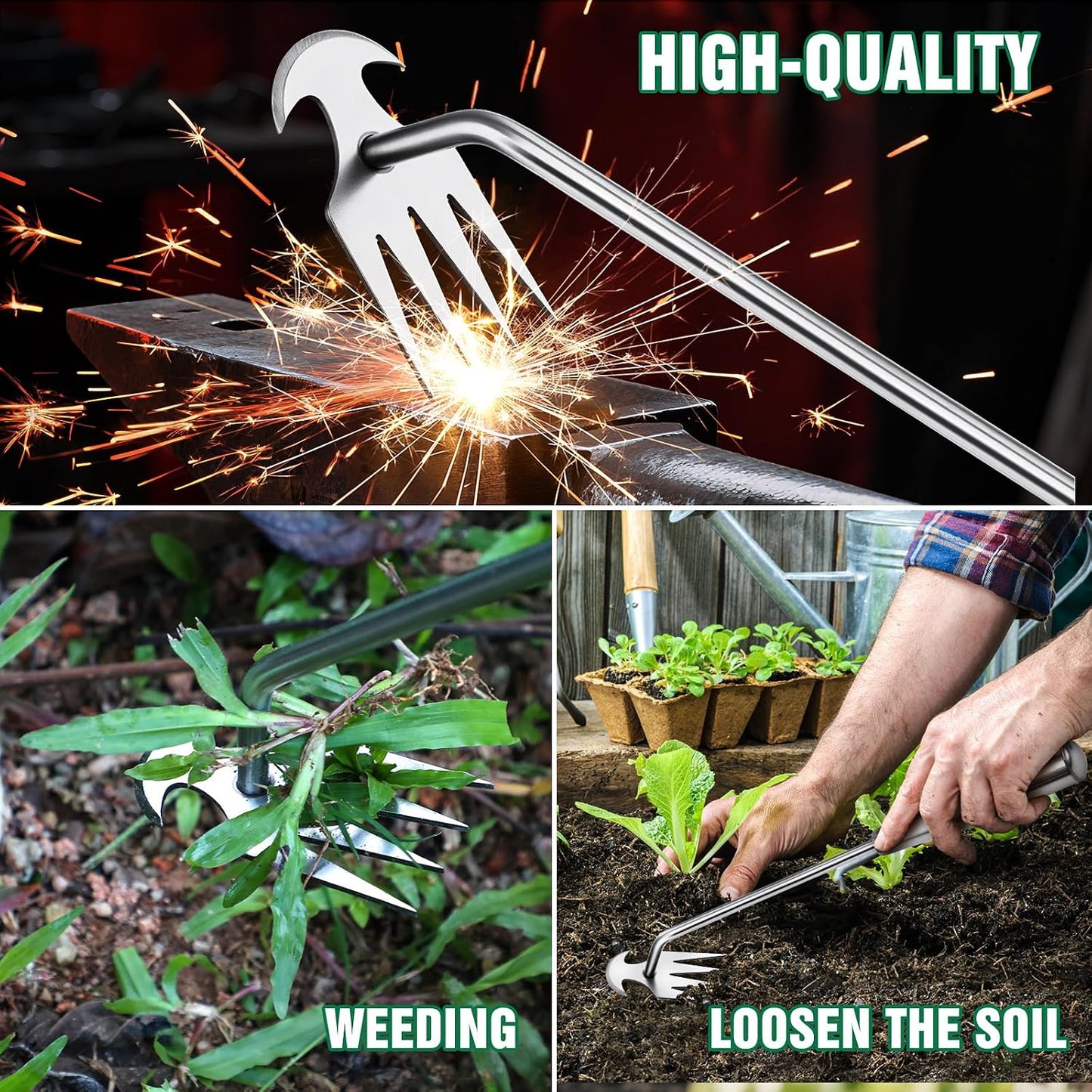 Stainless Steel Handle Manual Weeder Tool, 4-Tooth Weeder Tool for Gardening 16inch