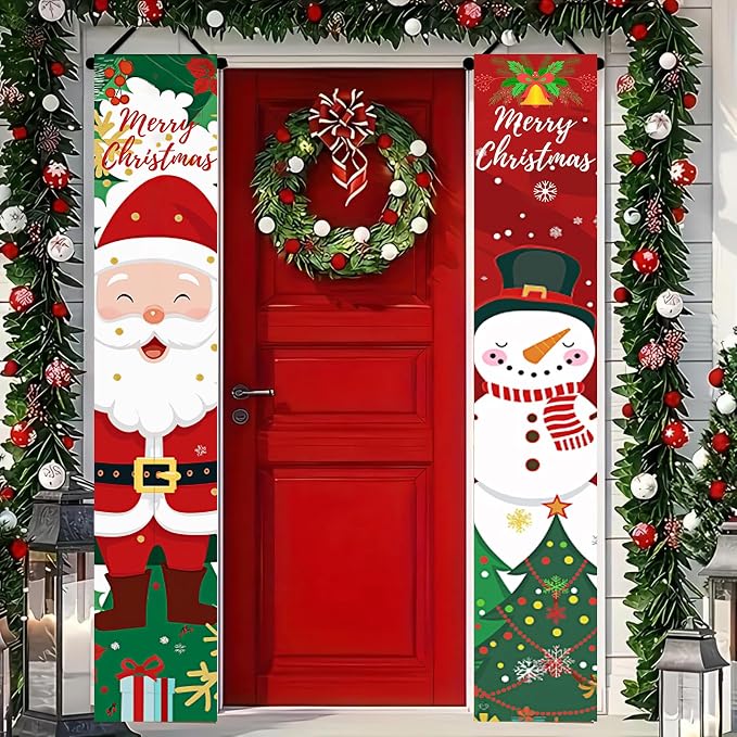 1 Set Christmas Porch Banner Set 78×12 Inch Santa and Snowman Door Banner Xmas