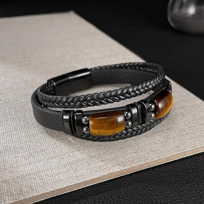 Tiger Eye Black Leather Bracelet Men Courage And Stress Relief Protection Bracelet