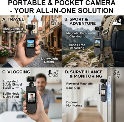 1080P Vlogging Camera, Portable Pocket Action Camera, WiFi Mini Body Cam