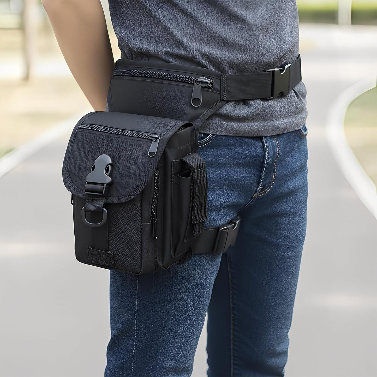 Drop Leg Bag– Waterproof Nylon Motorcycle Thigh Bag with Adjustable Strap & Zipper Pockets