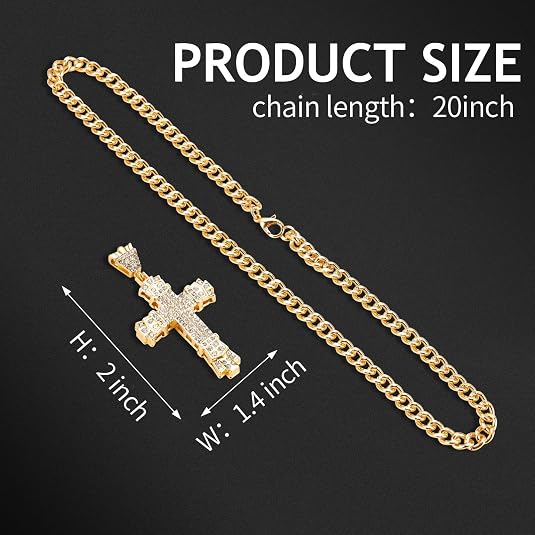 Lucky Wealth-Attracting Cross Necklace Rhinestones Cuban Link Chain Necklace with CZ Cross Pendant