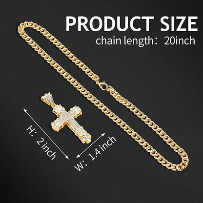 Lucky Wealth-Attracting Cross Necklace Rhinestones Cuban Link Chain Necklace with CZ Cross Pendant