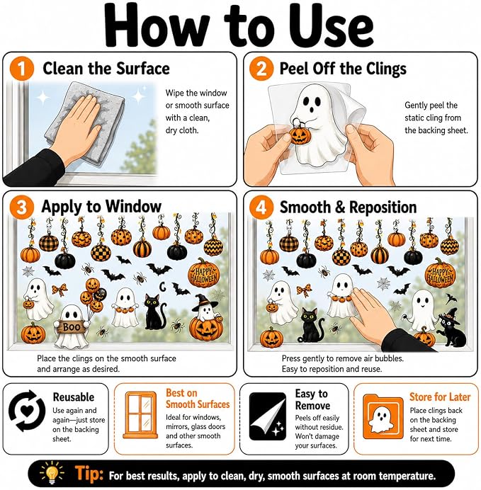 137 Pcs Halloween Window Decorations, Halloween Window Clings, Double Sided Reusable Static Stickers