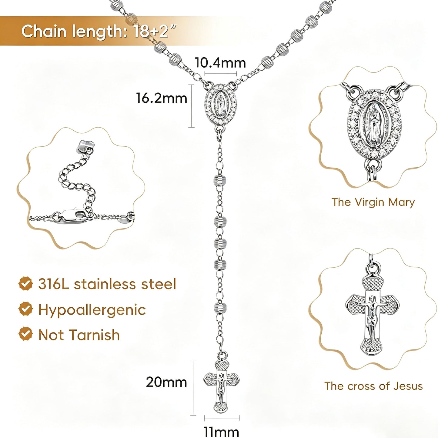 Virgin Mary Cross Rosary Necklace for Women,Virgen de Guadalupe Catholic Cross Beads