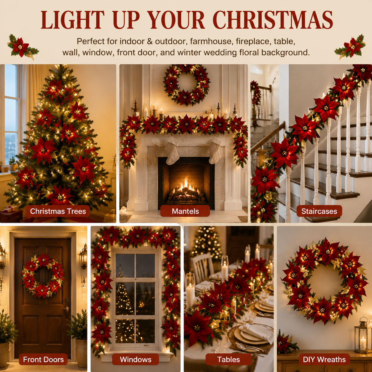 Christmas Garland with Red Berries for Home Decor, Christmas Trees, and Staircases With LED String Lights