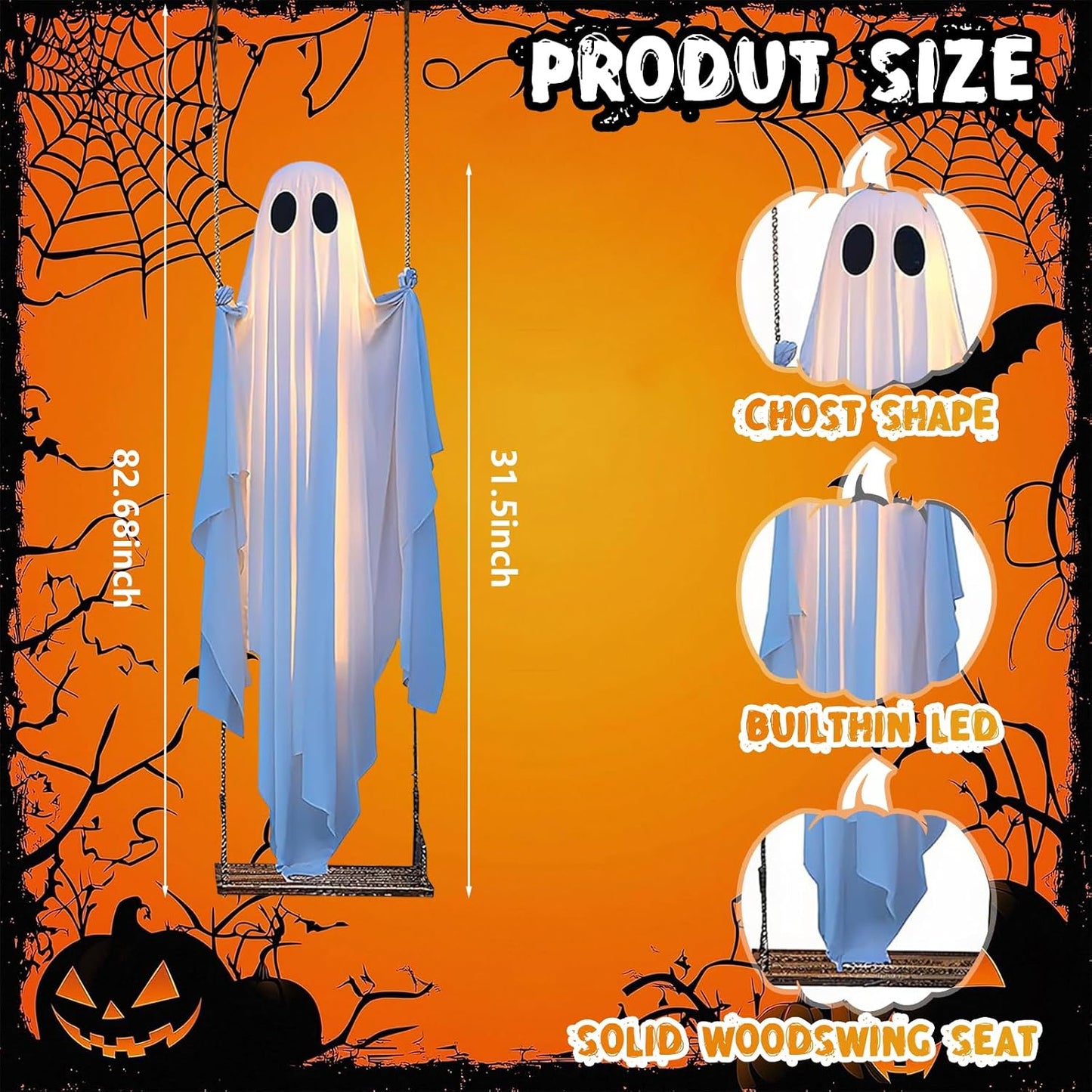 5FT Large Hanging Ghost Swing with Remote Control String Lights