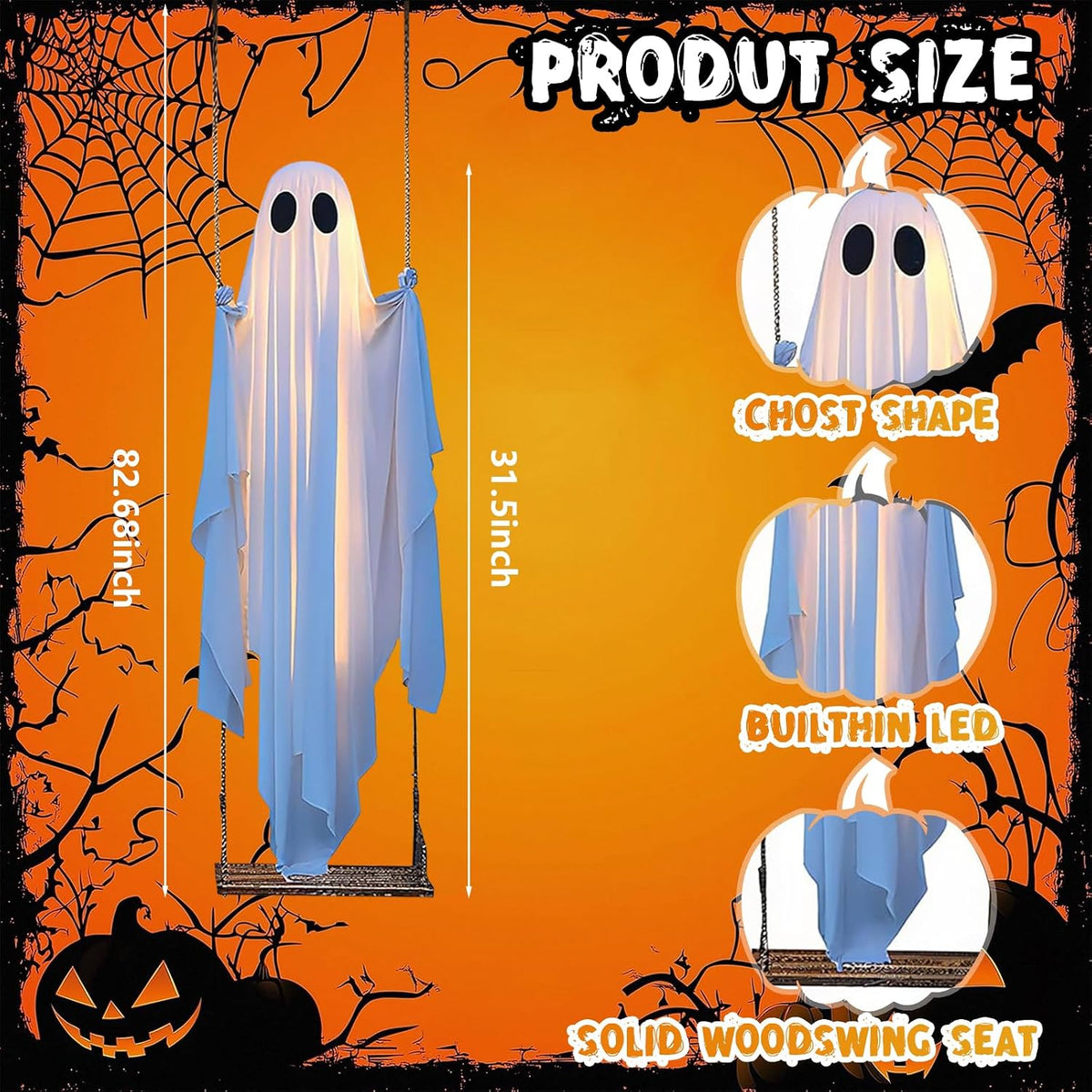 5FT Large Hanging Ghost Swing with Remote Control String Lights