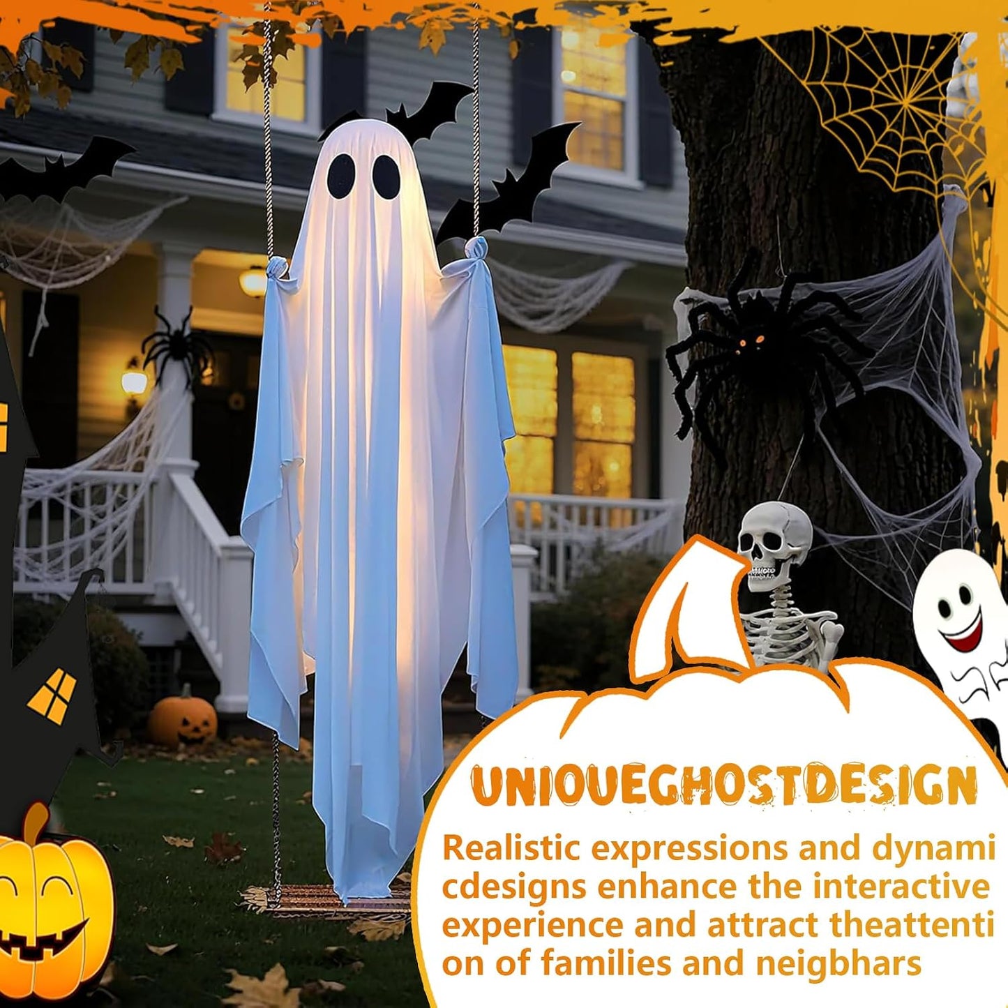 5FT Large Hanging Ghost Swing with Remote Control String Lights