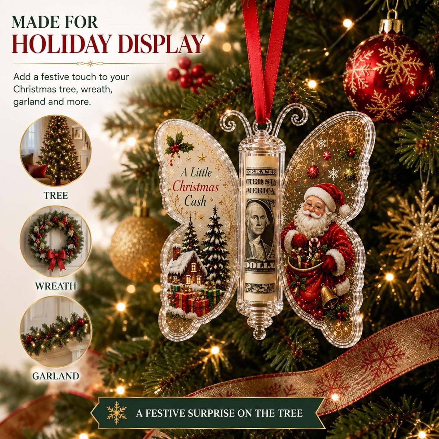6Pcs Christmas Cash Gift Butterfly Ornament Holiday Money Holder Keepsake