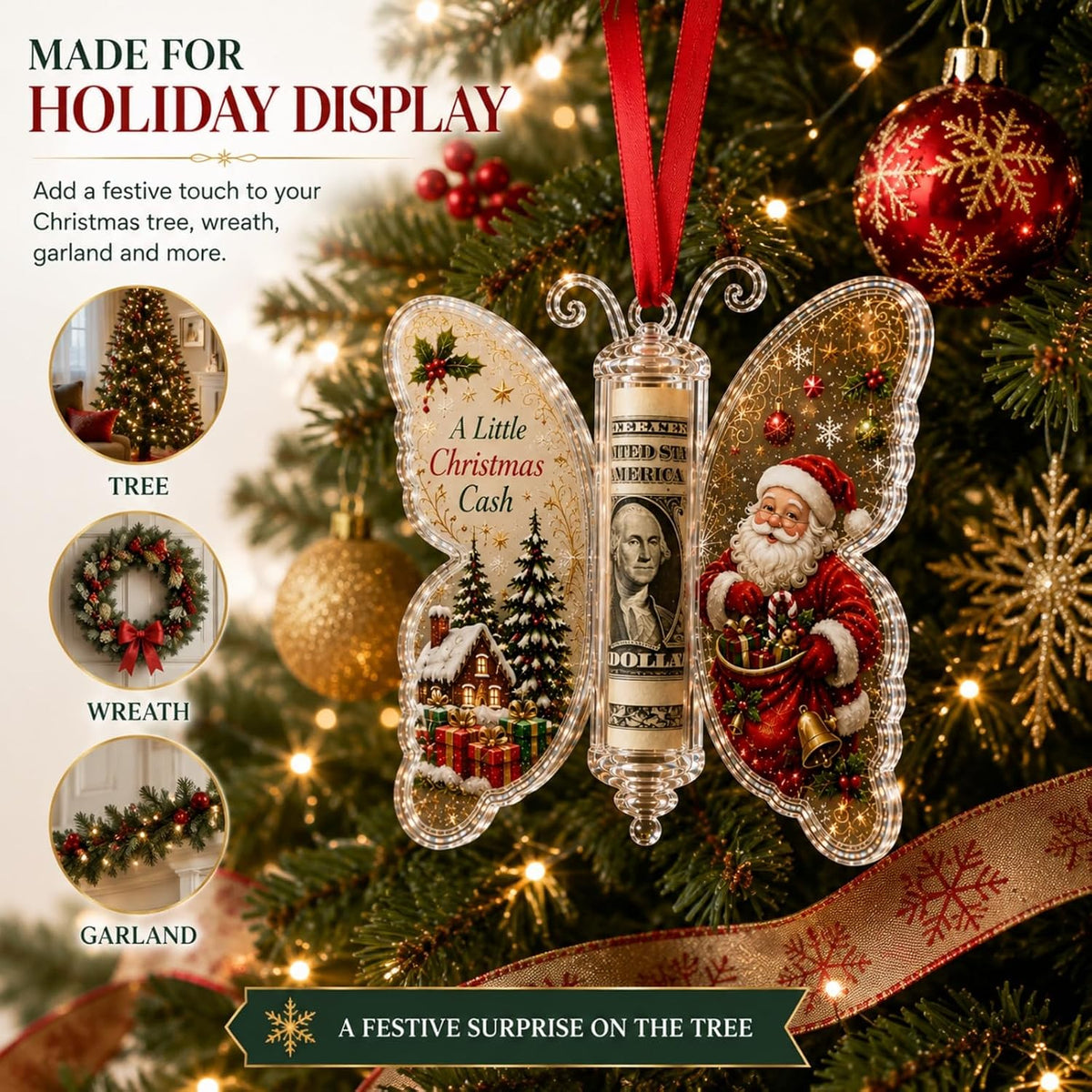 6Pcs Christmas Cash Gift Butterfly Ornament Holiday Money Holder Keepsake