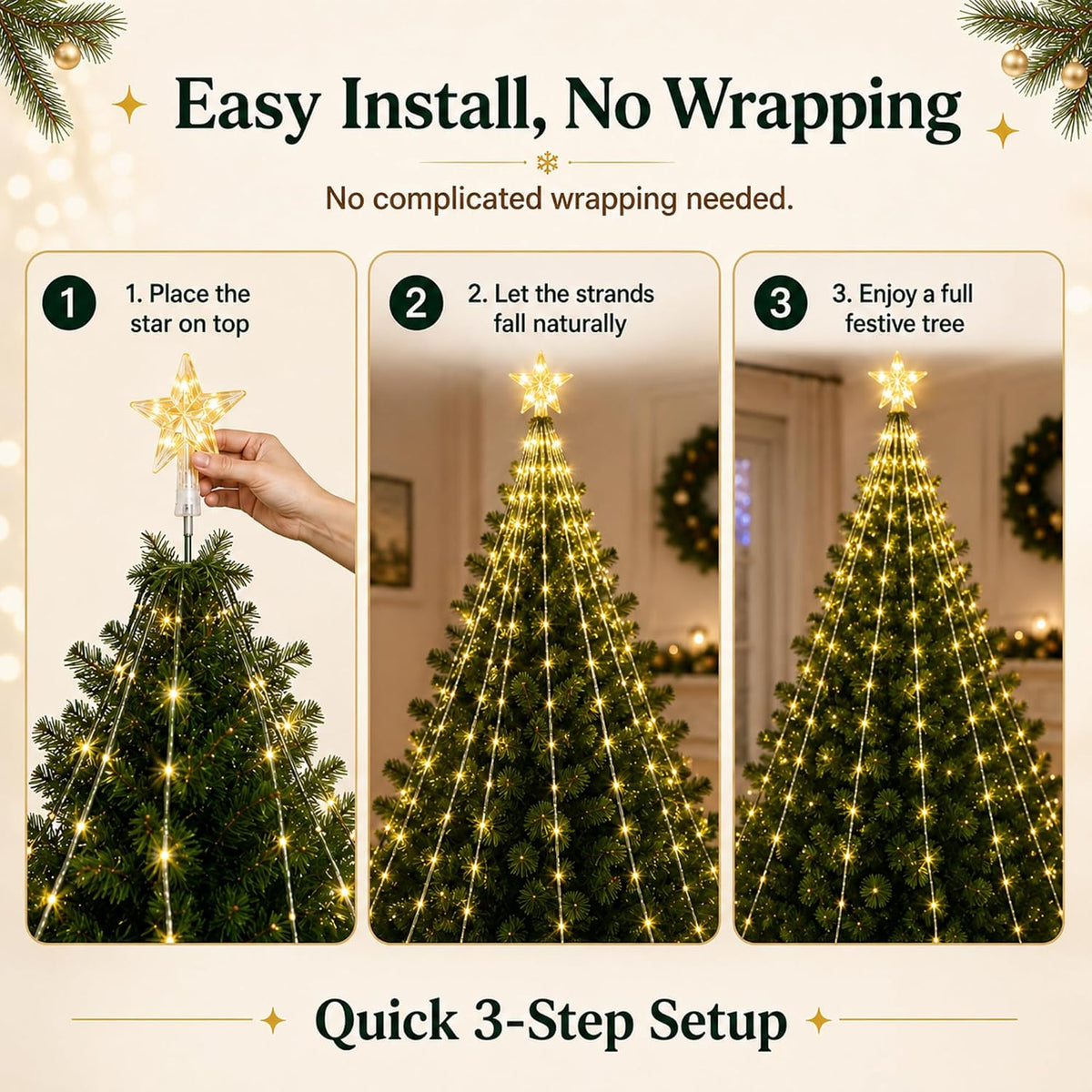 Christmas Tree Lights with Star Topper, 400LED Christmas String Lights with Ring for Tree, 6.6FT x 12Lines Fairy Lights with 8 Modes Timer Remote