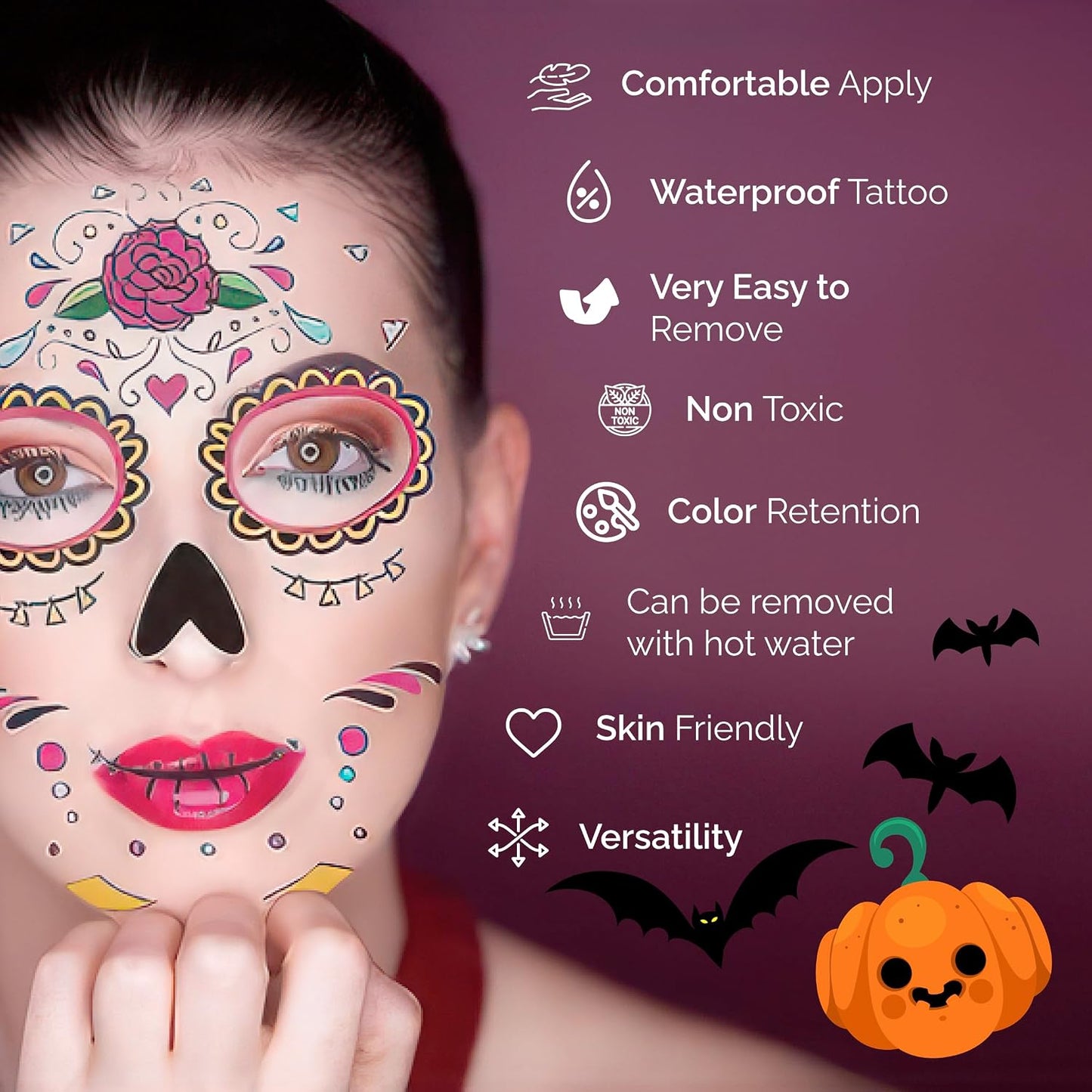 4pcs/set Halloween Glow Tattoos - UV Reactive Sugar Skull Face Decals