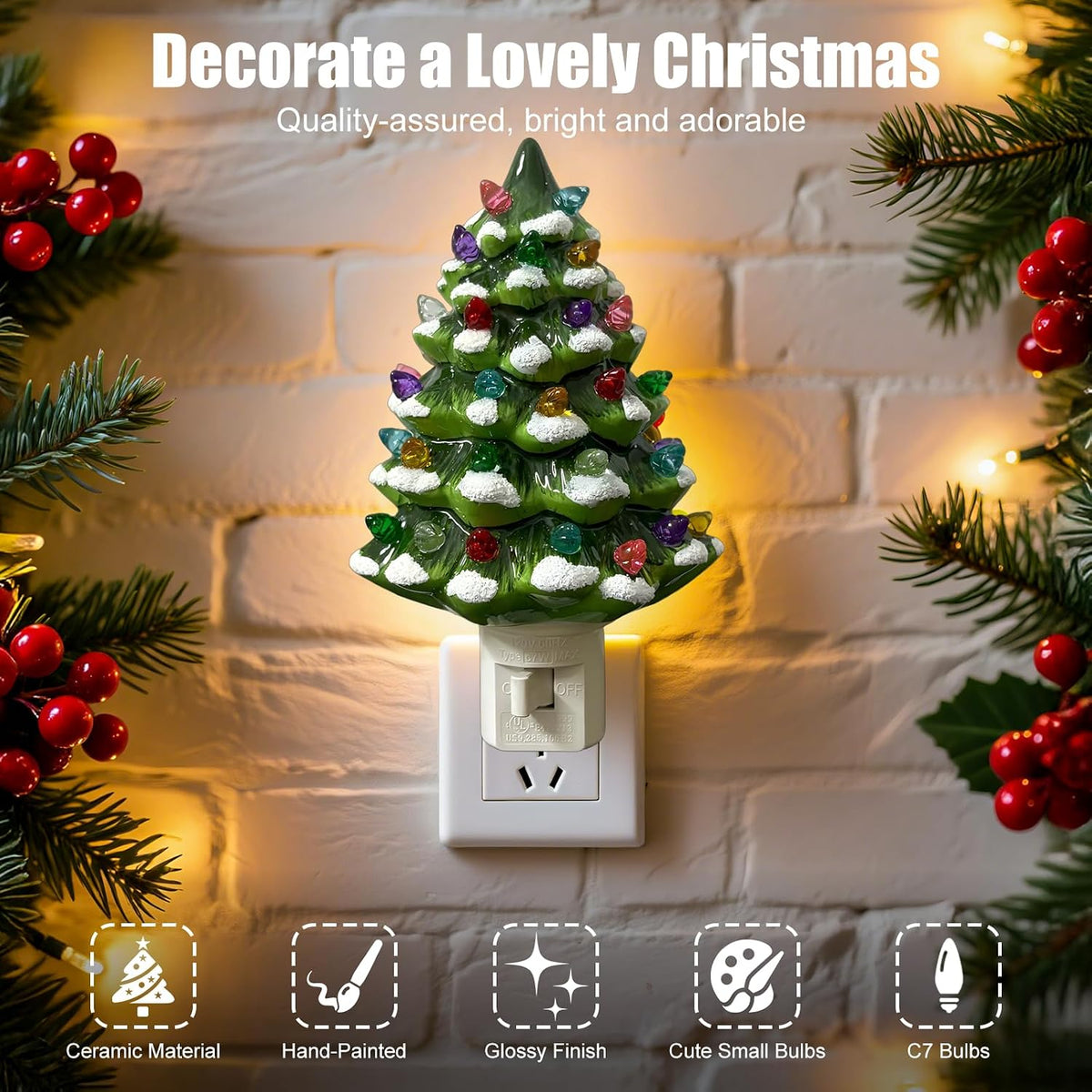 LED Christmas Tree Night Light, Colored Bulbs Nightlight with Switch