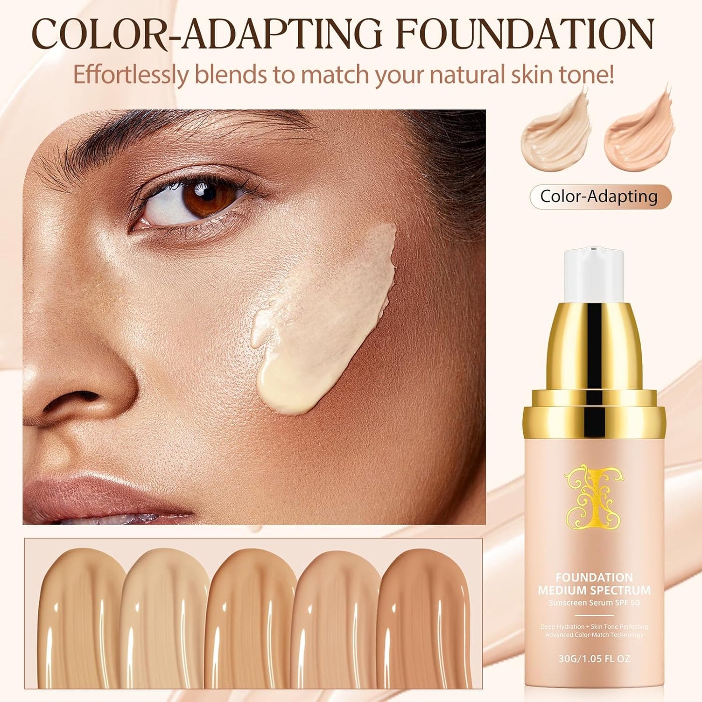 4 in 1 Foundation- Medium Spectrum with SPF 50+, Anti-Aging, Concealer, Sun Protection, Hydrating Color Changing